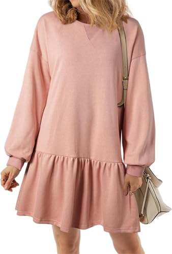 Damen-Sweatshirt-Kleid, langärmlig, Rundhalsausschnitt, lässig, fließend, gerüscht, Sweatshirt-Kleid, 2024, Babydoll, elegante Oberteile von Generisch