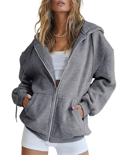 Damen-Sweatshirt mit durchgehendem Reißverschluss, langärmelig, lässig, langärmelig, Trainingsjacken mit Taschen (Dunkelgrau, Größe 3XL) von Generisch