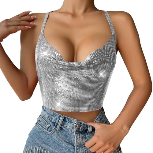 Damen Tank Top Rüschen Mesh Karneval Latin Dance Funkelnd BH Oberteil Elegant Ärmellos Shirt Spaghetti Metallic Rave Kostüm Sexy Y2k Trägershirt Rundhals Party Glitzer Camisole von Generisch