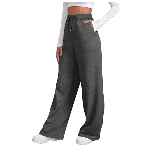 Damenhosen Weites Bein, Jogginghose Damen Lang Baggy Weite Sporthose - Weite Gerades Bein Trainingshose Kordelzug High Waist Freizeithose Baumwolle lockere Lounge Jogpants Mit Taschen Dunkelgrau von Generisch