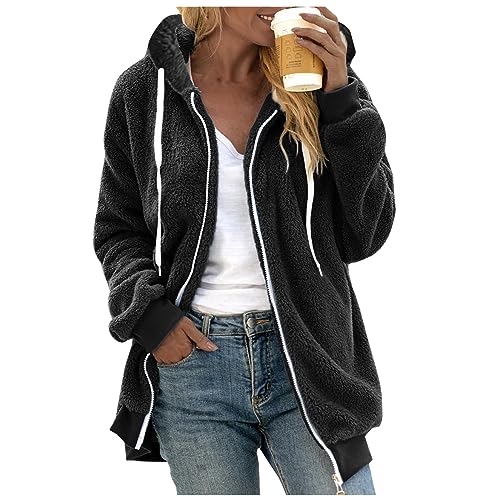 Damenmode Sale Jacken Damen Herbstjacke Elegant Fleece Teddy-Jacke Jacket Women Sherpa Jacke Winter Klamotten Teddyfleece Sweatjacke Lang Wollfleece Schwarz，XL von Generisch