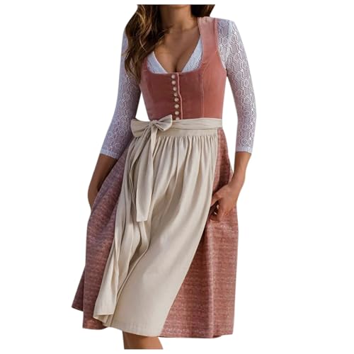 Dirndl, Dirndl Damen Midi Dirndlkleid - Outfit Knielang Set Karneval Elegant Schlicht Dress Trachtenkleid Trachtenmode Für Oktoberfest Mit Spitzenschürze von Generisch