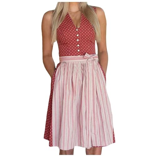 Dirndl Damen midi, Dirndl Damen Midi Dirndlkleid - Outfit Knielang Set Karneval Elegant Schlicht Dress Trachtenkleid Trachtenmode Für Oktoberfest Mit Spitzenschürze von Generisch