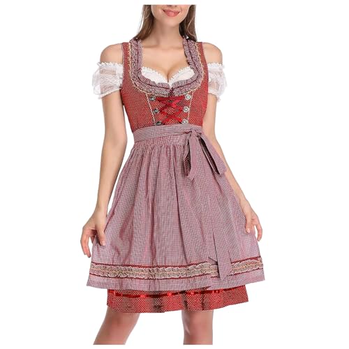 Dirndl blau, Trachtenkleid Damen Midi Dirndl - Set Hochgeschlossen Spitzenschürze Frauen Dirndlkleid Elegant Kostüm Schlicht Trachtenrock Kleid Dirndlbluse Dirndlschürze Oktoberfest Besondere Anlässe von Generisch