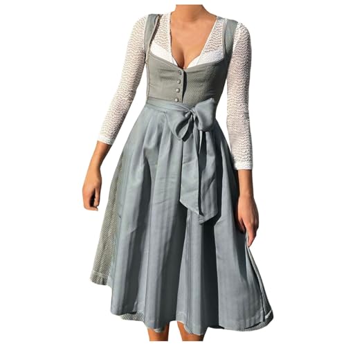 Dirndl lang, Dirndl Damen Midi Dirndlkleid - Outfit Knielang Set Karneval Elegant Schlicht Dress Trachtenkleid Trachtenmode Für Oktoberfest Mit Spitzenschürze von Generisch