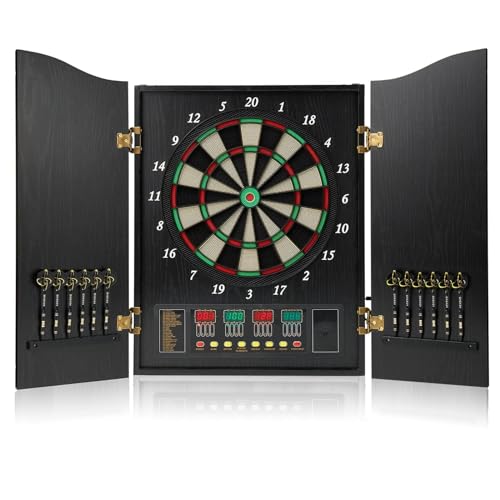 Elektrische Dartscheibe Set mit Schrank, Automatische Punktzahl - 4 LED Digita Display, 27 Spiele, 16 Spieler - Holztüren, 12 Darts, 88 Soft Tips - Mensch-Maschine-Match-Funktion von Generisch