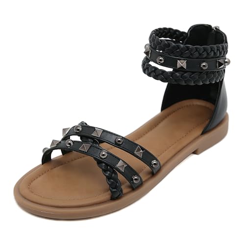 Flache Freizeitsandalen für Damen, runde Zehen, offene Zehen, römische Hausschuhe mit Reißverschluss hinten, Outdoor-Gladiator-Sandalen, Wanderschuhe von Generisch