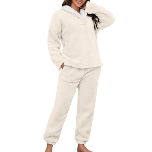 Flanell Schlafanzug Damen Pyjama Set Weich Flauschig Schlafanzug Kuschelanzug Kuschel Pyjama Zweiteiler Thermo Frauen Pjs Langarm Bequem Freizeitanzug Matching Pyjamas Couple Beige S von Generisch