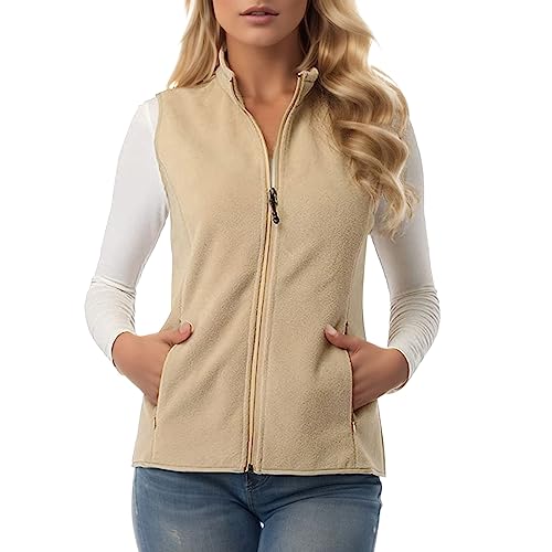 Fleece Weste Damen, Softshell Casual Ärmellose Fleeceweste Outdoor Kurze Damenweste Jacke Vest Mit Reißverschlusstaschen Beige XL von Generisch