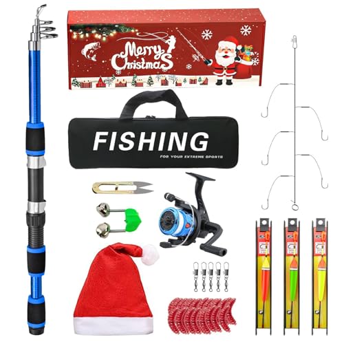 Fliegenfischen-Ruten- und Rollen-Kombi-Starter-Set, Angelruten-Kombi-Set - Weihnachtsrollen-Köder-Set | Faltbare Ruten Ultra-tragbares Lichtset für Reise-Angelausrüstung für Salzwasser- und Süßwasserf von Generisch