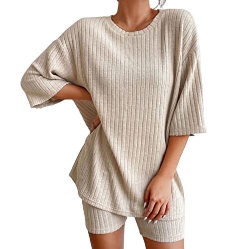 Freizeitanzug Damen Pyjama Set Homewear Lounge Set Zweiteiler Damen Einfarbig Oversize Shirt + High Waist Shorts Sporthose Streatwear Trainingsanzüge Für Damen Beige XL Freizeitanzug Damen Pyjama Set Homewear Lounge Set Zweiteiler Damen Einfarbig Oversize Shirt + High Waist Shorts Sporthose Streatwear Trainingsanzüge Für Damen Beige XL von Generisch