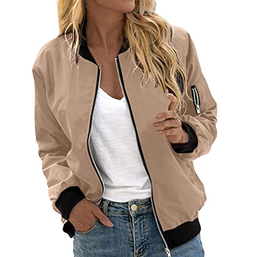 Frühlingsjacke Damen Kurze Blouson Sommer Jacke Leichte Jacke Sommerjacke College Casual Pilotenjacke Herbst Jacket Mädchen Rote Jacke Langarm Outwear Zip Up Solid Leichte Sweatjacke Coat Khaki#02 M von Generisch