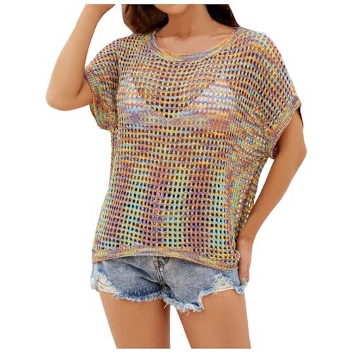 Gehäkeltes Oberteil Damen Gestrickte Cover Up - Netzoberteil Mädchen Sommer Outfits Sexy Netzshirt Luftig Tunika Strandmode Bikini Strandponcho Strandurlaub Badeanzug Cover-Ups von Generisch