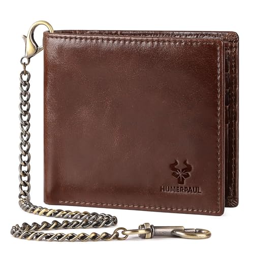 Geldbörse Kettenbrieftaschen RFID Schutz Geldbörse für Herren Echtes Leder Bifold Geldbörse Kompaktes Portemonnaie für Arbeit Reisen Outdoor (Brown) von Generisch