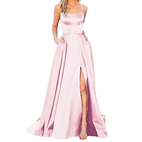 Generisch Abendkleid Damen Lang Satin Kleid Ballkleider Brautjungfernkleider Abschlussballkleid Langes Kleid Damen Elegant Dress Brautkleid Abendkleid Mit Schlitz Hochzeitskleid Kleid Damen Rosa XXL von Generisch