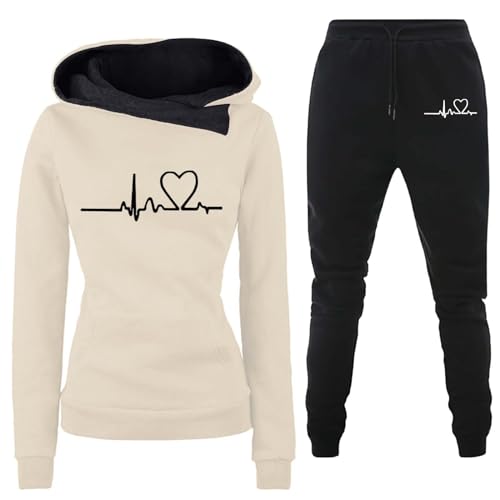 Generisch Angebote des Tages Heute Damen Sale, Damen Trainingsanzug Set 2-Teilig Heartbeat Print Hoodie Jogginghose Sweatshirt Hose Zweiteiler Jogginganzüge Damen Kapuzenpullover Sporthose Set von Generisch