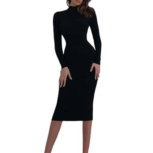 Generisch Autumnkleid Damen Einfarbig Pulloverkleid mit Rollkragen Elegant Warmes Sweater Dress Lässiges Langarm Kleid Elegant Knielang Kleid Langerrock für Tanz Club Bar Party von Generisch