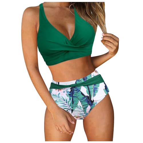 Generisch Bikini Damen Bauchweg Zweiteiliger, Push Up Bikini Kordelzug Badeanzüge Für Frauen, Neckholder Triangel V Ausschnitt Sexy Strandmode Einfarbig Badebekleidung Damen Formend Badebekleidung von Generisch