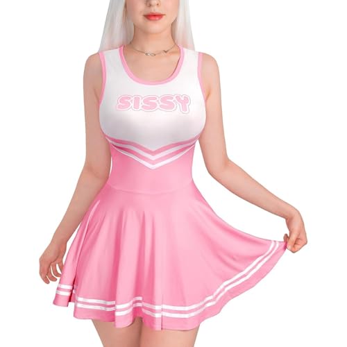 Generisch Crossdresser Kleid Damen - Rosa Sissy Cheerleader Kostüm Damen Cheer Cheerleading Overall Mini Rock High School ärmelloses Kleid Uniform von Generisch