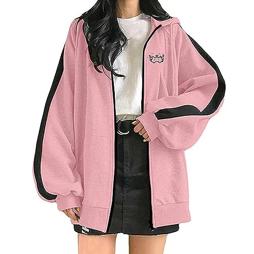 Generisch Damen Hoodie Mit Reißverschluss Kapuzenjacke Kordelzug Sweatjacke Mit Kapuze Y2k Jacke Zip Up Hoodies Goth Graphics Harajuku Oversized Sweatshirt Vintage 90er E-Girl Tops Klamotten Clothes von Generisch