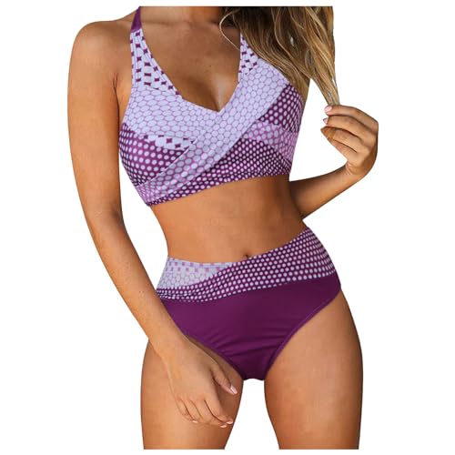 Generisch Damen Zweiteiliger Badeanzug, Bikini Oberteil Und Tanga Bikini Bademode Damen, Neckholder Triangel V Ausschnitt Sexy Strandmode Einfarbig Badebekleidung Damen Raffung Netzstoff Badekleid von Generisch