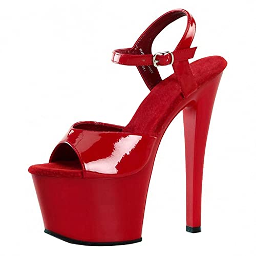 Generisch Damenmode Rot 17CM Stilettos Ferse Knöchelriemen Offene Zehensandalen Sexy Stripper Nachtclub Pole Dance Pumps Schuhe Größe 35-46 von Generisch