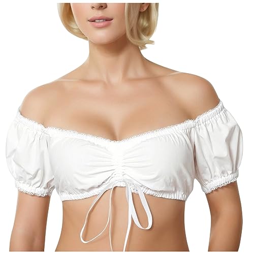 Generisch Dirndl Bluse Damen Dirndlbluse Weiß Kurzarm Grün Sexy Trachten Oktoberfest V Ausschnitt Spitze Trachtenbluse Trachtenblusen Elegante Flügelärmel Beige L von Generisch