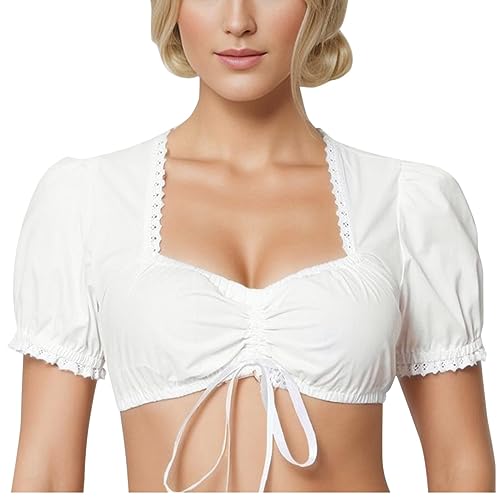 Generisch Dirndl Bluse Damen Trachten Weste Für Dirndlbluse Weiß Schlicht Oktoberfest Trachtenbluse Spitze Kurzarm Trachtenblusen Flügelärmel Sexy V Ausschnitt Elegante Beige XL von Generisch