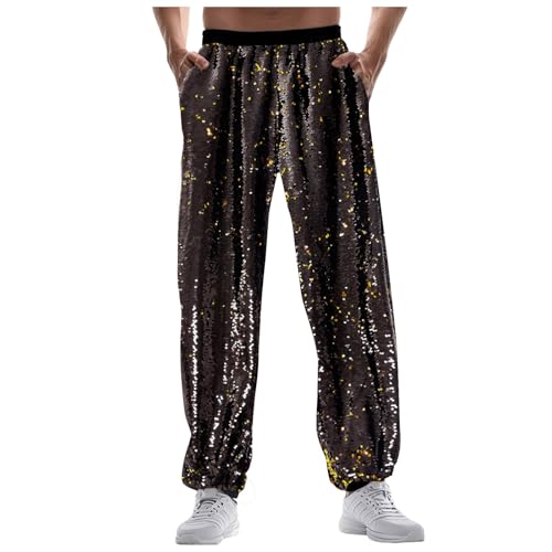 Generisch Glänzende Disco Hose Herren Metallic Haremshose Festliche Metallic Glänz Hose Disco-Party Jogginghose 70er/80er Jahre Paillettenhose Karneval Freizeithose von Generisch