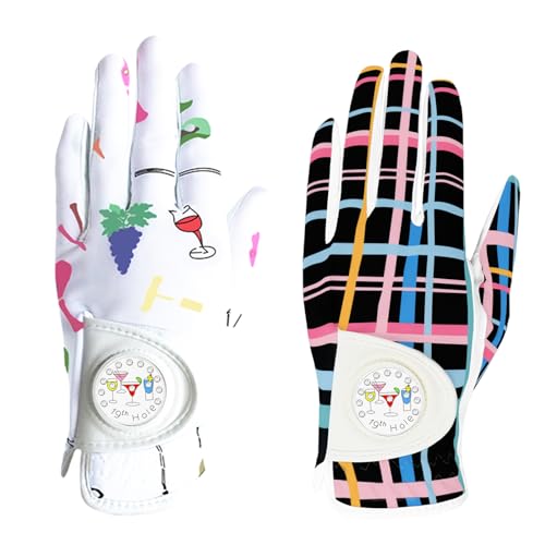 Generisch Golf Handschuhe Damen mit Ball Marker Regen Linke Hand Leder Gedruckt 2-Pack, Damen Golf Handschuhe Soft Bequem Allwetter Griff Atmungsaktive weiche Größe S M L (Weiß+Schwarz, L, Links) von Generisch