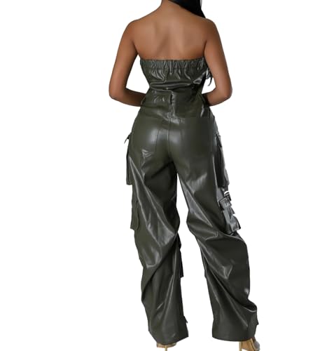 Generisch Grün,XXL, Damen Sexy PU-Leder Gerade Hose Freizeit Einreihig Viele Tasche Arbeitskleidung Siamese Hose Nachtclub DS Bühne Kleidung von Generisch