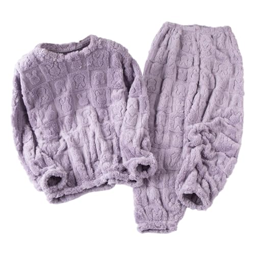 Generisch Hausanzug Damen Kuschelig Lounge Set Warm Kuschelig Loungewear Kuschelanzug Kuschel Pyjama Zweiteiler Thermo Frauen Pjs Langarm Flanell Pyjama Oberteil Und Schlafanzughose Hellviolett L von Generisch