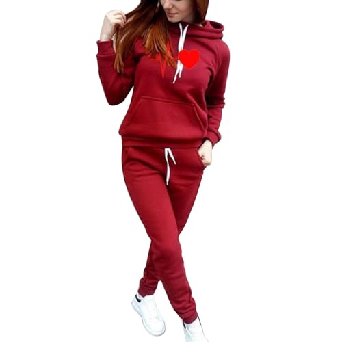 Generisch Heartbeat Jogginganzug Damen Herbst Winter Gefütterte 2 Teiler Jogginganzug Hoodie Kuschelig Freizeit Sportanzug Hausanzug Elegant Y2K 2025 Trainingsanzug Große Größen Fitness Zweiteiler von Generisch