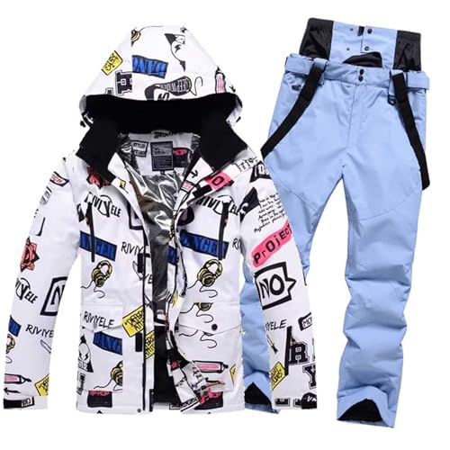 Generisch Herren Winter Schnee Mantel Ski Anzüge Herren wasserdichte Winddichte Kapuze Druck Jacke und Hose Ski Anzug Set 2 Teilige Snowboard Snowboard Anzüge zum Skifahren,K,M von Generisch