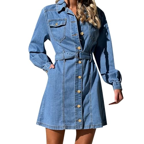 Generisch Jeanskleid Damen Langarm Knielang Jeanskleider Jeanshemd Hellblaues Kleid Retro Slim Freizeitkleid Knopf unten Denim Babydoll Jean Kleid Shirtkleid Strandkleid mit Tasche von Generisch