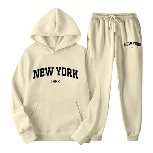 Generisch Jogging Anzug Damen Set, Jogginganzug Damen Baumwolle Beige, Jogginganzug Damen Und Herren Set - Baumwolle Oversize Trainingsanzug Hoodie Und Jogginghose Unisex Baggy Hausanzug Sportanzug von Generisch