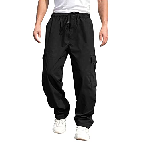 Generisch Jogginghose Herren Männliche Fitness-Laufhose mit Kordelzug, Lockerer Taille, Einfarbiger Tasche, Lockerer Schwarze Hose mit Taschen Freizeithose Lang Breite Jogging Hose Trainingshose von Generisch