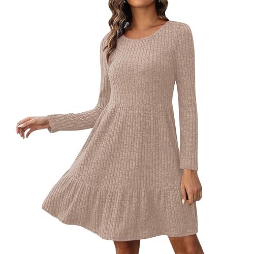 Generisch Kleid Damen Einfarbig Rundhals Strickkleider Bequeme Freizeit Kleid Elegant Knielang Bodycon Winterkleid Strick Sweater für Tanz Club Bar Party von Generisch