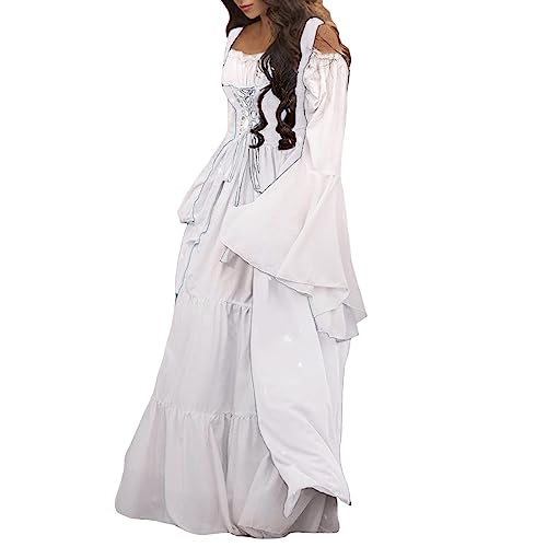 Generisch Mittelalter Kleidung Damen Renaissance Kleid Lang Retro Zweiteiliges Set Glockenärmel Kleid Fasching Day of The Dead Kostüm Lustige Karneval Kostüm Festliche Kleidung von Generisch