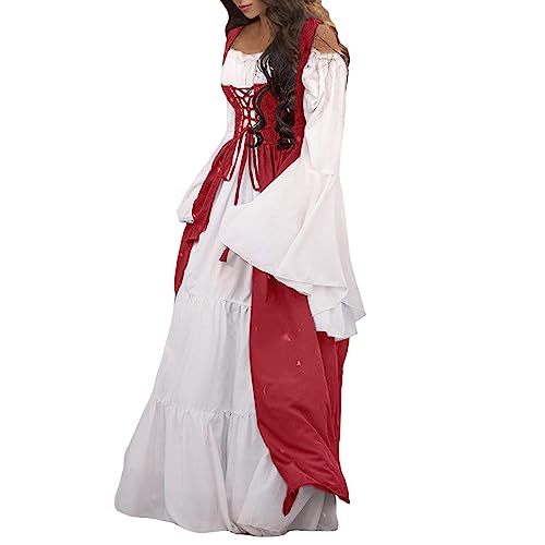 Generisch Mittelalter Kleidung Damen Renaissance Kleid Lang Retro Zweiteiliges Set Glockenärmel Kleid Fasching Day of The Dead Kostüm Lustige Karneval Kostüm Festliche Kleidung von Generisch