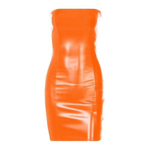 Generisch Orange,XL, Damen Sexy PU-Leder Freizeit Ärmellos Röhrenoberteil Eng Kleid Nachtclub Bühne Zeigen Kleidung von Generisch