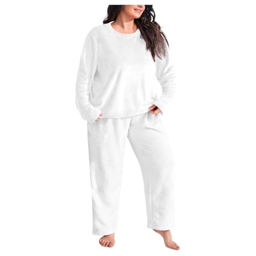 Generisch Pijamas Damen Kuschel Pyjama Flauschig Warm Schlafanzug Hausanzug Fleece Pyjama Zweiteiler Aesthetic Nachtwäsche Flanell Thermo Loungewear Oberteil Und Schlafanzughose Weiß 3XL von Generisch