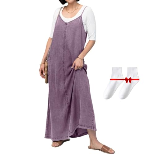 Generisch Pink Laura Women's Denim Maxi Jumper Dress, Denim V Neck Sleeveless Overall Dress Women, Maxi Dress (Purple,L) von Generisch