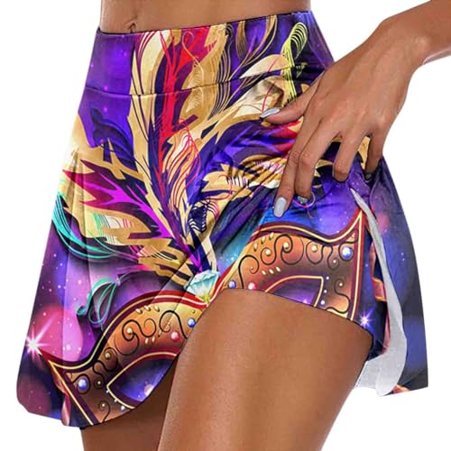 Generisch Rock Damen mit Shorts Tennisrock mit Augenmaske Bedruckte, Karneval Minirock Stretch Hosenrock Batik Laufhose 2 In 1 Golfrock Elegant Elastizität Skirts Kurz Sporthose von Generisch