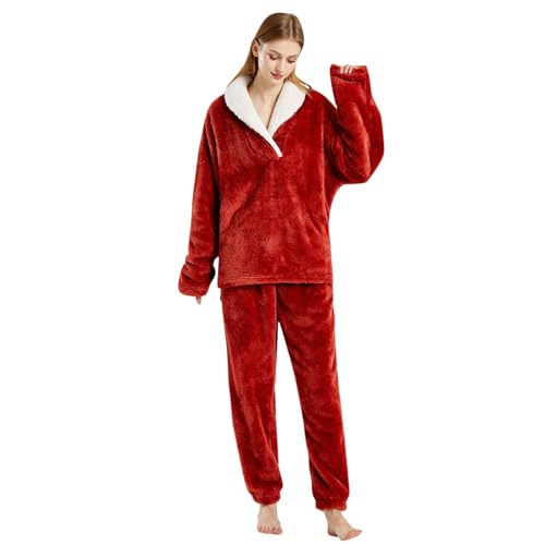 Generisch Sale Angebote, Hausanzug Damen Kuschelig Schlafanzug Winter Fleece Anzug Freizeitanzug Flanell Jogginganzug Warm Lounge Set Kuschel Loungewear Set 2-Teilig Pyjama Set Homewear von Generisch