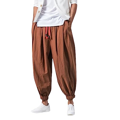 Generisch Streetwear Herren Einfarbig Haremshose Japanischer Stil Freizeithose Baggy Hose Locker Baumwolle Leinen Jogger Hose Hippie Yoga Ballon Bloomer Casual Lose Laufhose von Generisch