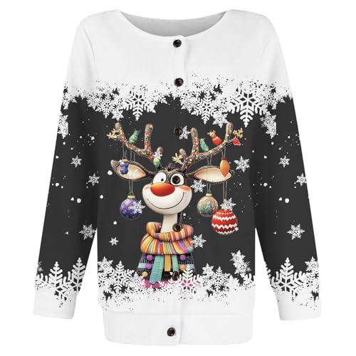 Generisch Weihnachtspulli Damen Weihnachtsjacke Weihnachtsdrucke Weihnachtsmotiv Lässig Strickjacken Hässliche Sweater Winter Warm Weihnachtspullover Schwarz XXL von Generisch