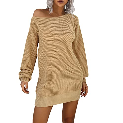 Generisch Winterkleider Damen Elegant Hohe Taille A-Linie Elegant Kurzkleid Einfarbige Casual Langarm Strickpullover Pullover Kleid Damen Winter Warm Minikleid Pullover Für Herbst Winter von Generisch