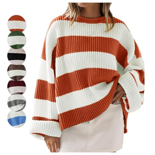 Generisch Womens Orange and White Striped Sweater Plus Size Crew Neck Long Sleeve Color Block Knitted Pullover Sweaters (Orange,M) von Generisch