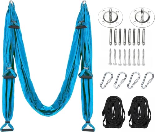 Generisch Yogatuch Zum Aufhängen, Yoga Hängematte Set Aerial,Aerial Yogatuch,Aerial Yoga Hammock Swing mit Tragetasche und Verlängerungsgurten, Hängetuch, Yogagurt(Hellblau) von Generisch